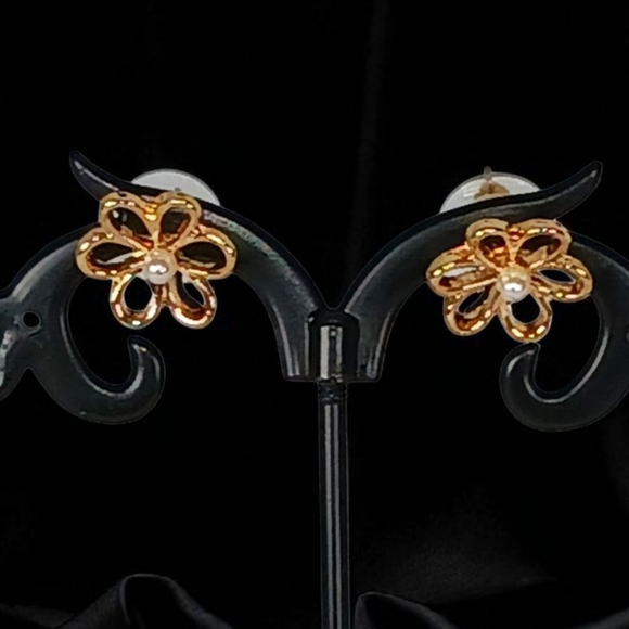 Gold Flower Rhinestone Linear Drop Earrings Pearl Luxe Bling Modern Retro Glam - Picture 8 of 15